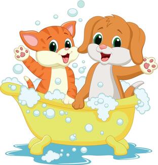 Cartoon dog and cat having a bath together in a yellow bath tub. Having the time of their lives.